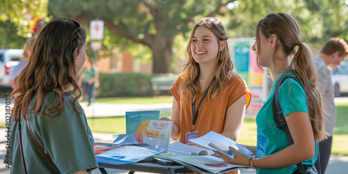 Mental health awareness campaign booth at a college campus, with volunteers handing out informational brochures and talking to students.