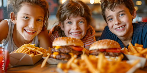 Group of happy cheerful children enjoying their burgers and potato fries in fast food restaurant. Eating out lifestyle.