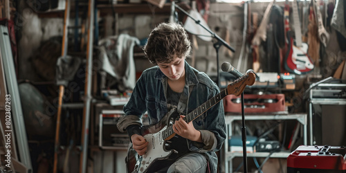 Teenage band practicing in a cramped garage, with cluttered equipment and members tuning instruments, immersed in their music preparation. © MNStudio