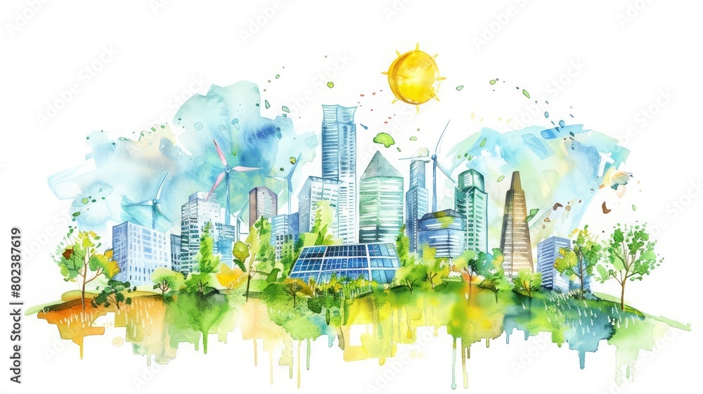 Obraz premium This lovely watercolor painting captures an ecofriendly metropolis powered by solar panels and wind turbines, Clipart minimal watercolor isolated on white background