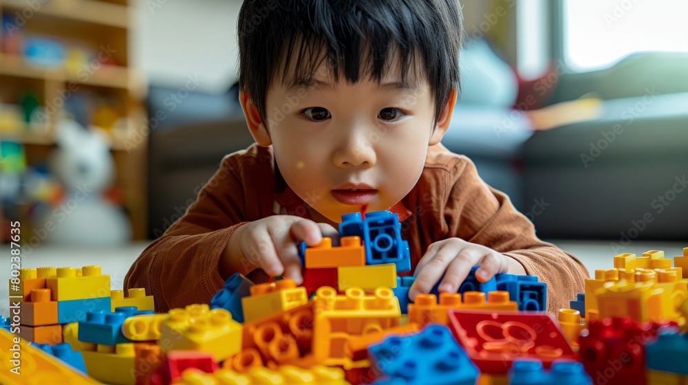 A boy playing with on a table. A playful child builds a colorful block tower.