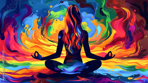 Woman practicing yoga with a multicolored and psychedelic background. Exercise and relaxation.