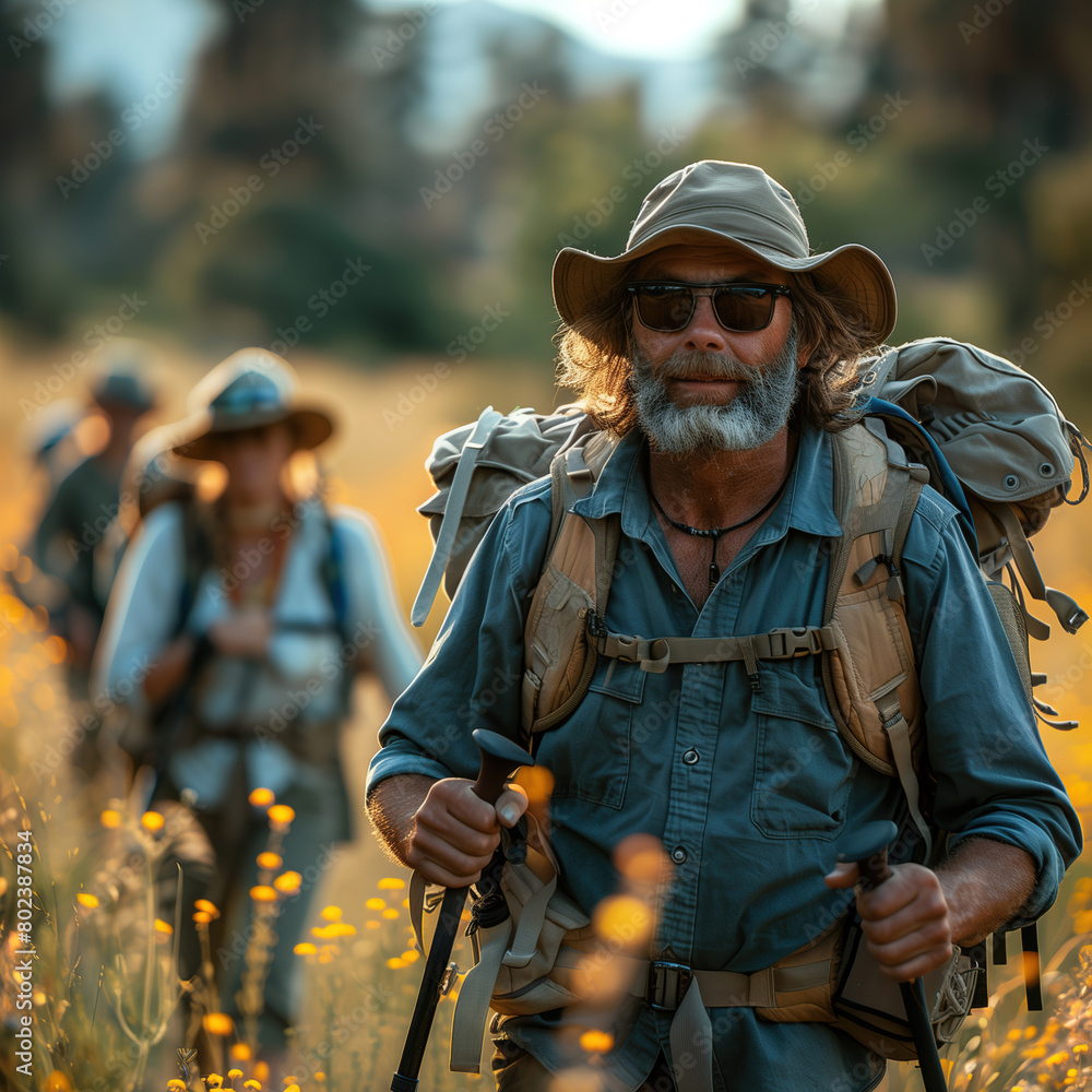 Fototapeta premium Group of Men Hiking Through Field