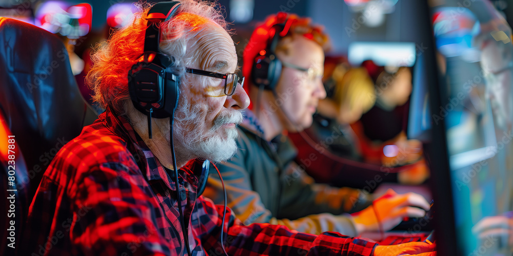 Professional senior e-sports player at an online game tournament. The cyber team plays computers. Cybersports. Leisure for elderly people. Professional senior e-sports player at an online game tournament. The cyber team plays computers. Cybersports. Leisure for elderly people.