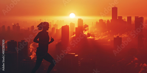 Young jogger pausing to stretch on a city bridge at sunrise  with the skyline in the background on early morning. Healthy lifestyle.
