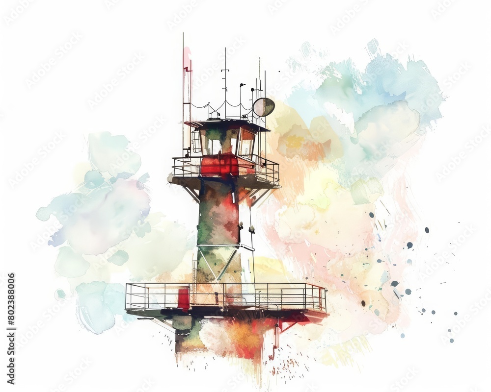This lovely watercolor painting of an advanced weather control station, capable of regulating climate in local regions, Clipart minimal watercolor isolated on white background