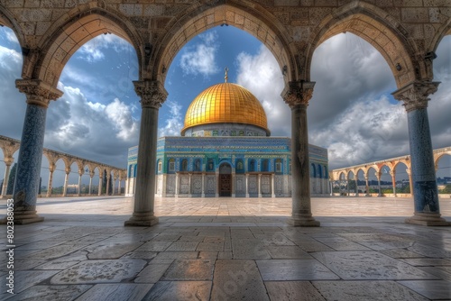 The dome of the rock in Jerusalem, beautiful building with blue and gold tiles, surrounded by arches and columns, under a cloudy sky