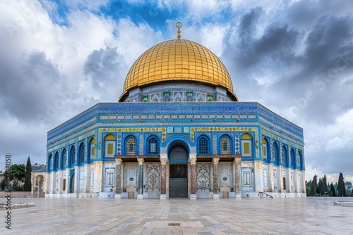 The dome of the rock in Jerusalem, beautiful building with blue and gold tiles, surrounded by arches and columns, under a cloudy sky