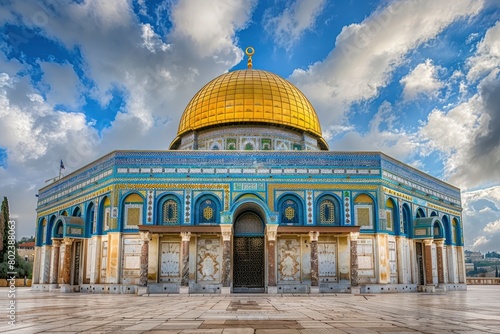 The dome of the rock in Jerusalem, beautiful building with blue and gold tiles, surrounded by arches and columns, under a cloudy sky
