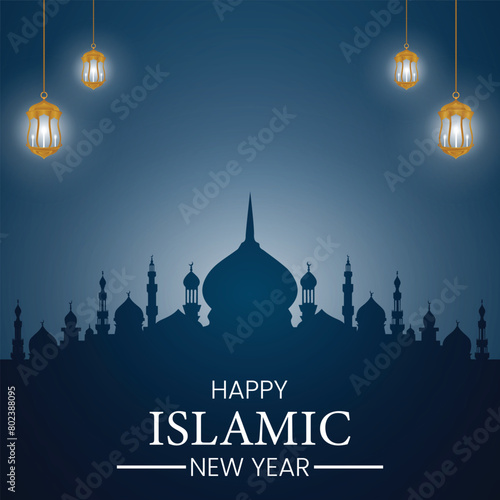 islamic new year post with mosque and lamps vector file