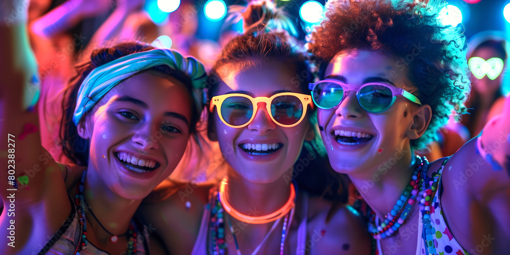 Cheerful young friends having fun at colorful rave party. Happy men and women enjoying themselves and dancing. Group of people at music concert. Cheerful young friends having fun at colorful rave party. Happy men and women enjoying themselves and dancing. Group of people at music concert.