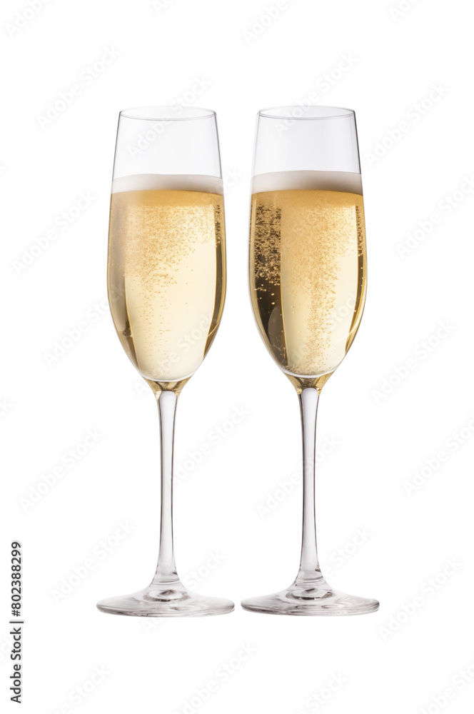 Two elegant champagne flutes filled with sparkling champagne, with a steady stream of bubbles, against a transparent background. Generative AI