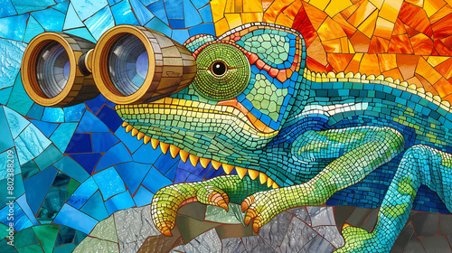A multicolored chameleon with binoculars.