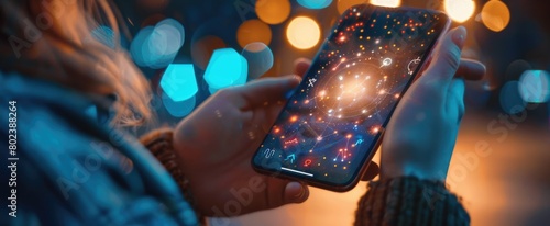 smartphone held by hands showing a dating app interface that matches people based on zodiac compatibility, with profiles highlighted and celestial graphics photo