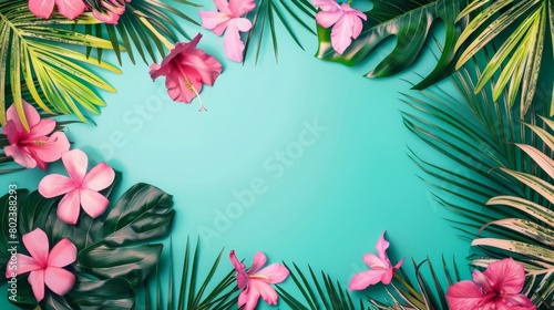  A tranquil teal backdrop with lush monstera and palm leaves, accented by pink hibiscus blossoms. Copy space. Space for text. Generative AI. 