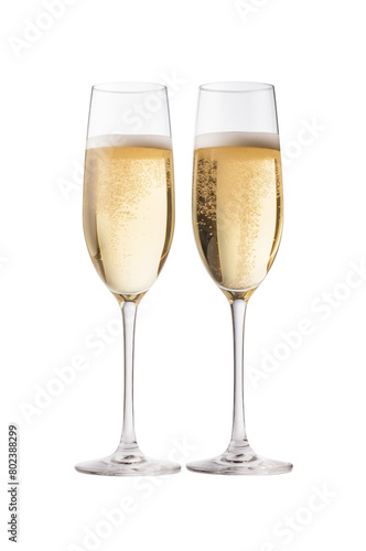 Two elegant champagne flutes filled with sparkling champagne, with a steady stream of bubbles, against a transparent background. Generative AI