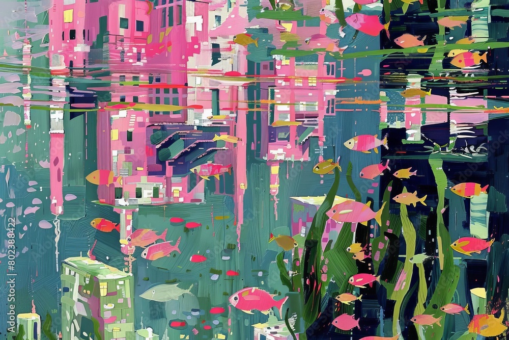 Fototapeta premium A beautiful painting of a city that is half-submerged underwater