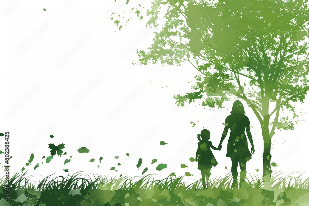 An illustration of a mother and child walking hand in hand amidst lush greenery in a park, enjoying a peaceful stroll together. An illustration of a mother and child walking hand in hand amidst lush greenery in a park, enjoying a peaceful stroll together.