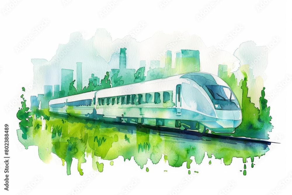 Naklejka premium This simple watercolor scene captures a highspeed train zipping through a landscape of green, energyefficient buildings, Clipart minimal watercolor isolated on white background