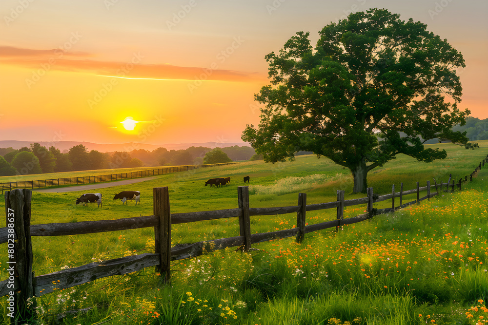 Sunset Serenity: Tranquil Landscape of Grazing Cattle in a Blooming Meadow Under an Oak Tree