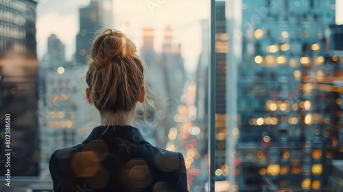 Professional business woman looking through window of her office skyscraper looking at bustling modern city thinking at her work hyper realistic  photo