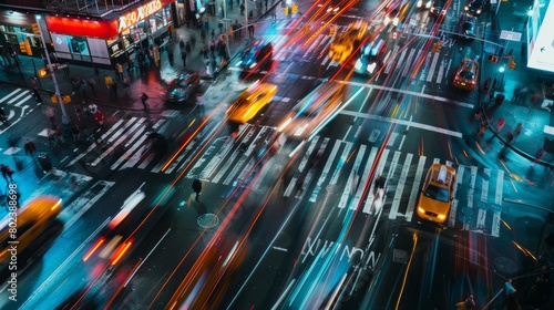 A high-res depiction of time-lapse photography in a busy cityscape, showing blurred vehicle lights and pedestrians that illustrate the swift passage of time photo