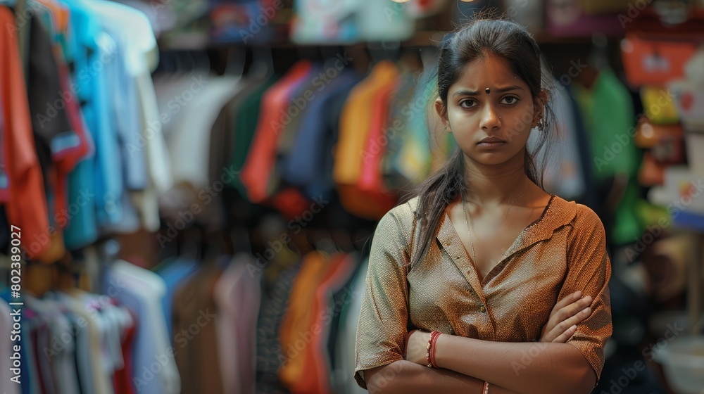 Young indian saleswoman standing at clothing store. hyper realistic Young indian saleswoman standing at clothing store. hyper realistic