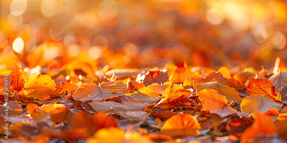 Beautiful nature close up Gold orange dry fallen maple leaves blur background Yellow and orange maple leaves in the forest on the ground in the sunlight 