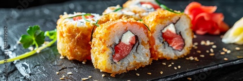 Crispy Ebi Tempura Maki Sushi Rolls, Deep Fried Uramaki Roll Set with Cream Cheese, King Prawns photo