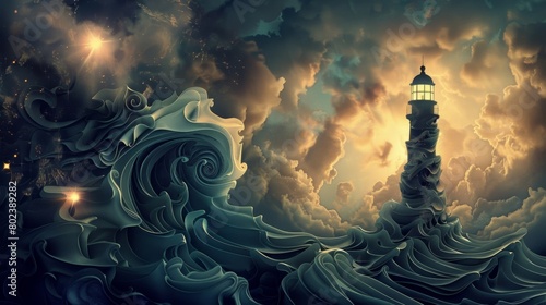 A lighthouse surrounded by swirling waves and geometric shapes displaying the power and regularity of tides.. photo