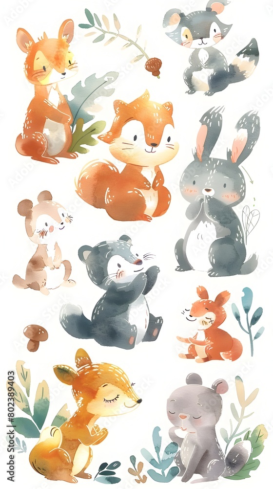 Naklejka premium Delightful Cartoon Animal Friends Explore Enchanting Woodland Scene