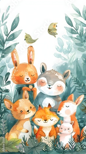 Delightful Watercolor of Diverse Cartoon Animal Companions in Lush Woodland