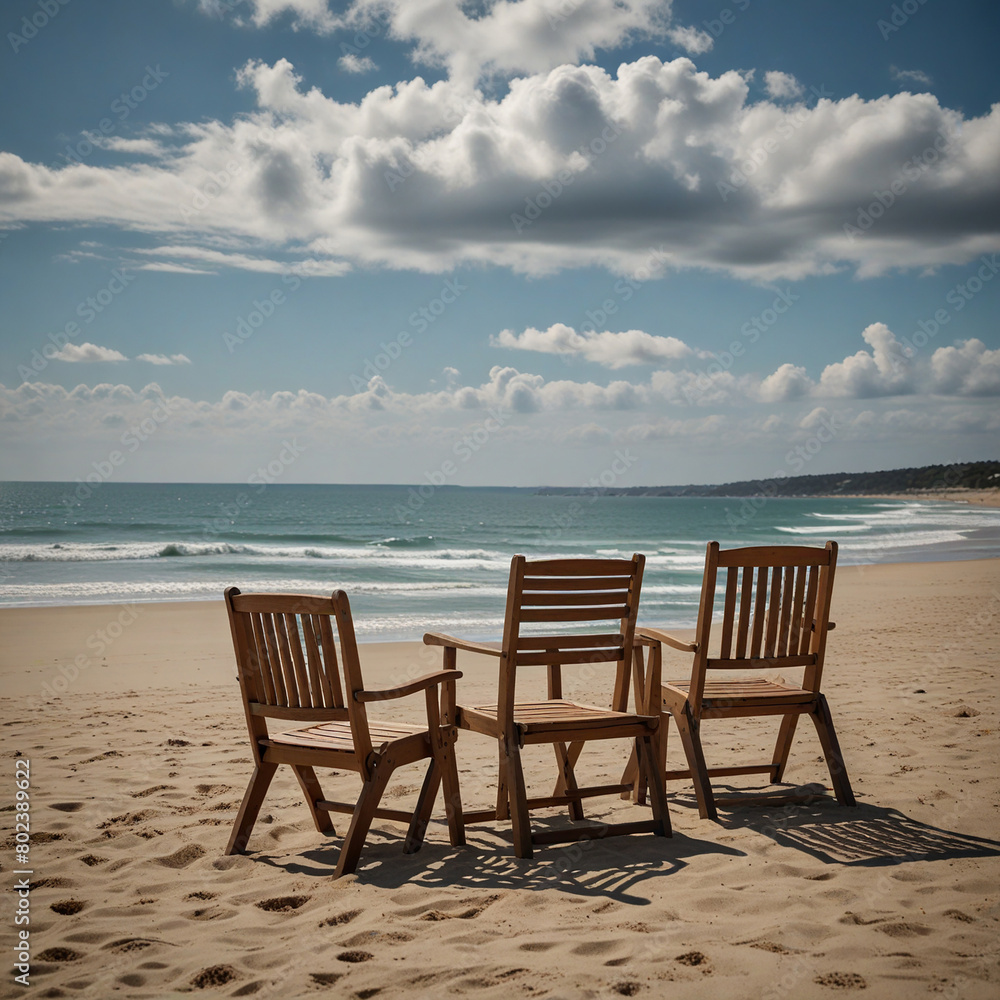 Wooden deck chairs on sandy beach near sea Wooden deck chairs on sandy beach near sea