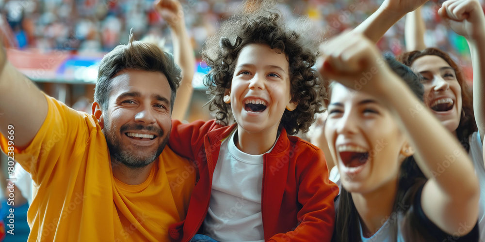 Fototapeta premium Excited parents and kids celebrating the victory of their team. Sports fans chanting and cheering for their soccer team. Family with children watching football match.