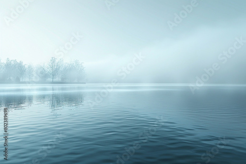 A serene background depicting an early morning mist rolling over a calm lake, ed in cool tones of blue and grey.