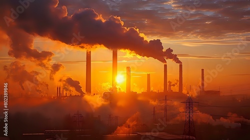 Industrial Dawn Smokestack Emissions - Environmental Impact Scene