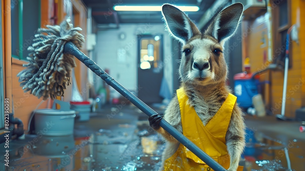 Surreal Kangaroo Cleaner Wielding Mop in Vibrant Painted Environment