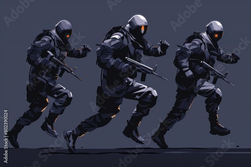 A group of soldiers running with weapons. Suitable for military or action-themed projects