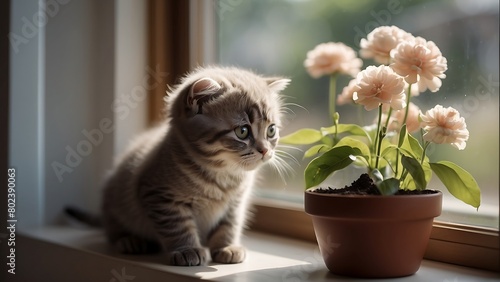 Cute tabby kitten sitting on window sill and looking at flowers