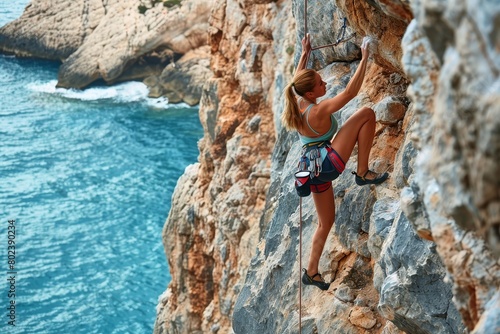 A woman rock climbing a challenging cliff face.