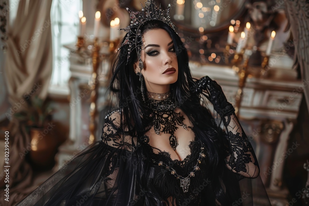 A gothic goddess woman wearing a spectacular black dress. A gothic goddess woman wearing a spectacular black dress.