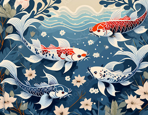 oriental tropical painting of koi carp fish background underwater seascape background wallpaper (ID: 802390422)