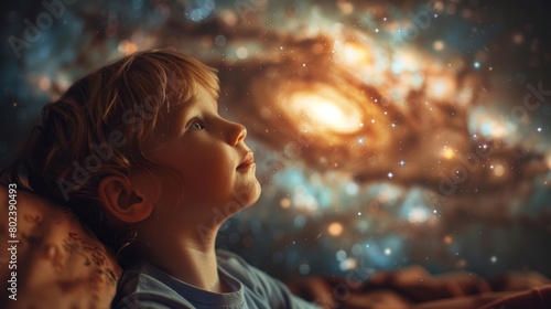 A Wonder-Filled Gaze: Exploring the Enchantment of a Galaxy Through a Child's Eyes Amidst the Splendor of a Luminous Starry Night.