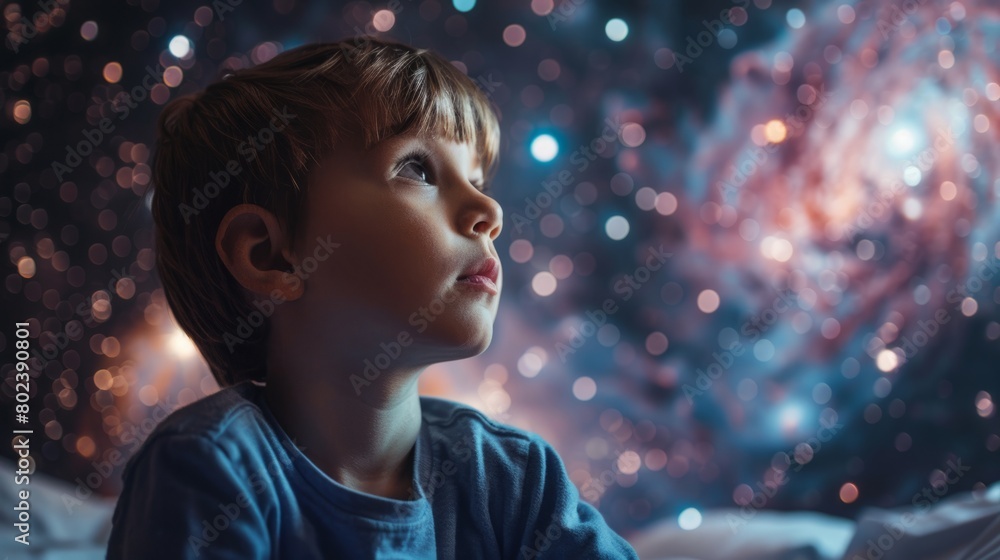 A Wonder-Filled Gaze: Exploring the Enchantment of a Galaxy Through a Child's Eyes Amidst the Splendor of a Luminous Starry Night. A Wonder-Filled Gaze: Exploring the Enchantment of a Galaxy Through a Child's Eyes Amidst the Splendor of a Luminous Starry Night.