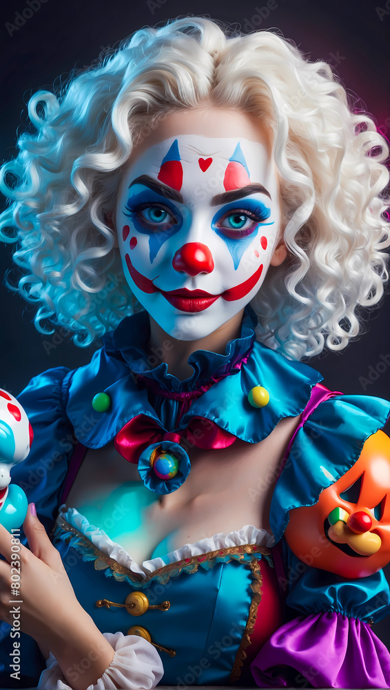 Colorful vivid portrait of a beautiful glowing woman with wavy hair wearing vibrant jester clothes
