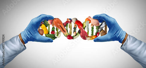 Food science and Balanced Diet genetic biology as Nutrition sciences as a nutritionist or scientist with nutrients with a food DNA strand as a dietary health concept for wellness. photo