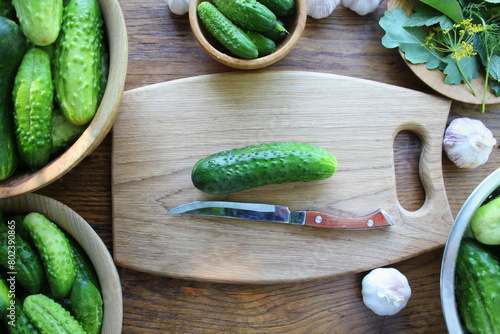 Preparation for pickling cucumbers. Preservation. Selective focus