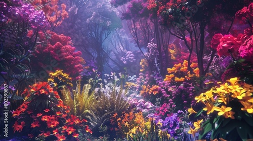 Vibrant field of flowers in a forest, perfect for nature-themed designs © Ева Поликарпова