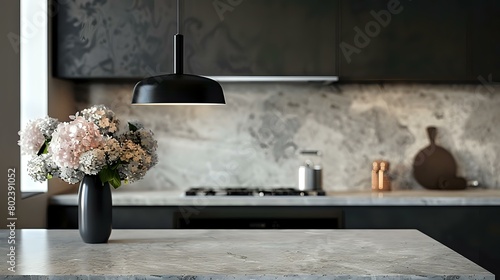 Close-Up of Marble Kitchen Bench Black Pendant Light Fixture