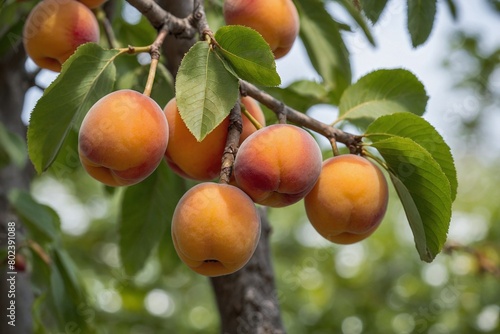 Apricots hanging from the branches of a tree